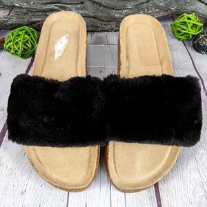 Anneliese Faux Fur Black Strap & Cork Slippers Slides